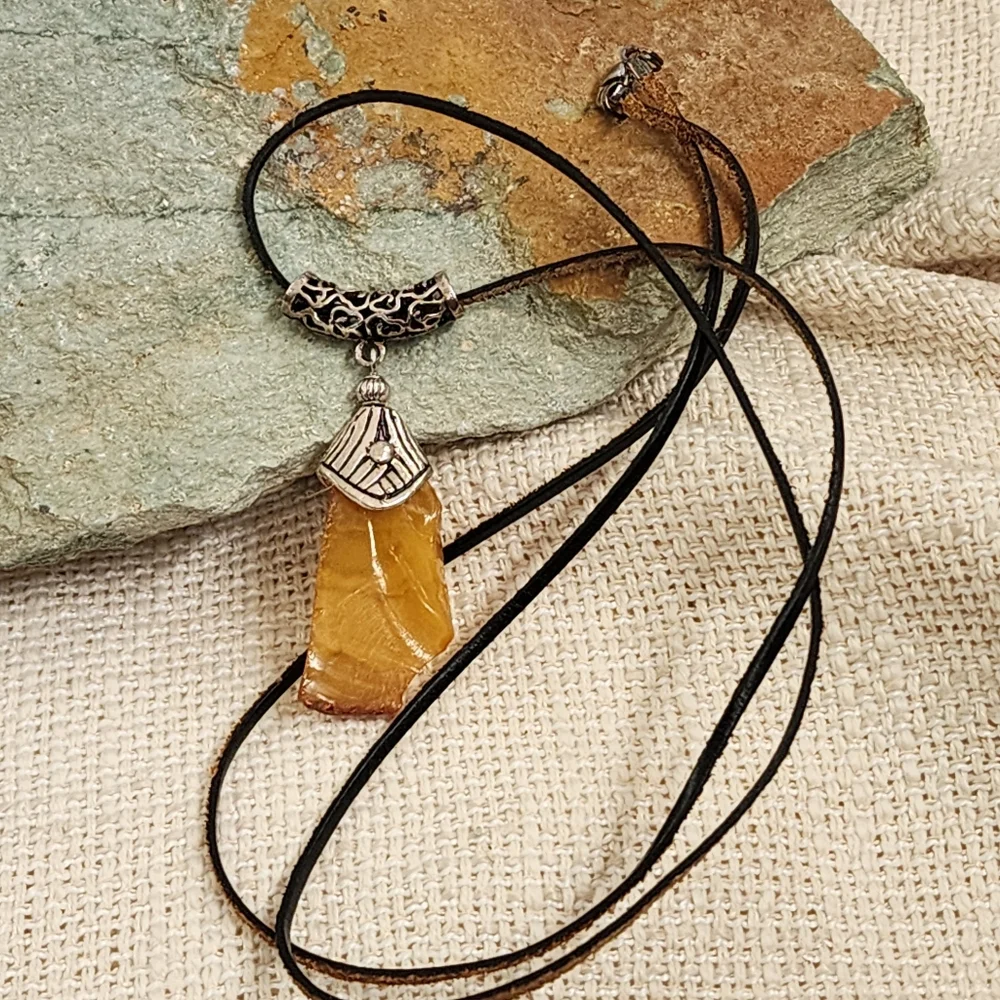 Amber Jewelry Natural Amber Nugget Rhodium Silver Pendant Genuine Leather